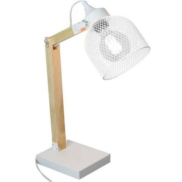 Lampe de bureau - Industriel - Blanc - Bois et métal - E27 max 40W - Dimensions 26x14x38 cm