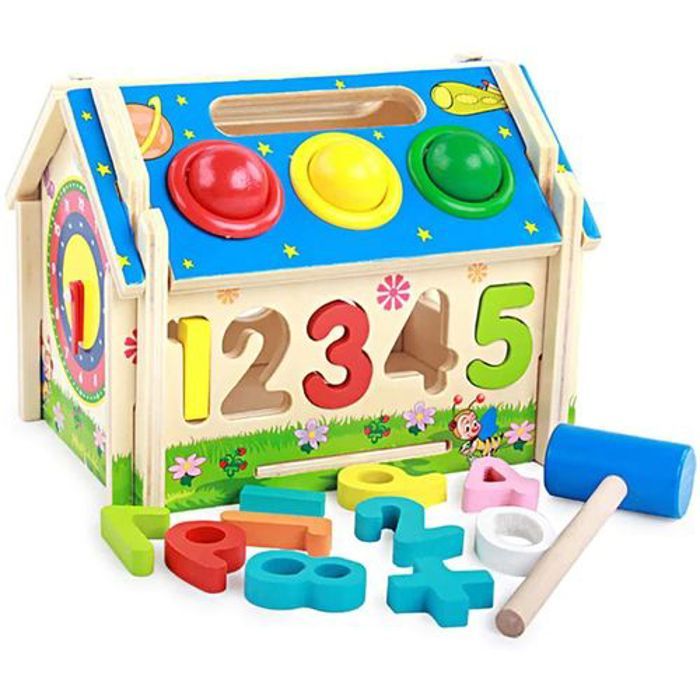 Maison en Bois - Jeu Éducatif - Formes et Chiffres Colorés - Toit Amovible - Pour Enfants de 12 mois à 5 ans