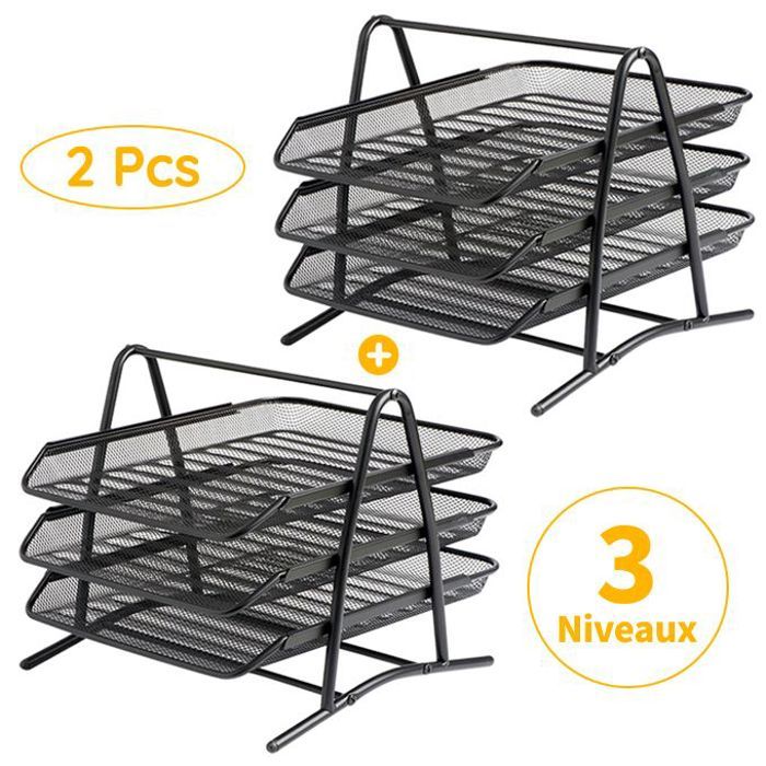 Corbeille à courrier - Organiseur - Métal - 3 niveaux - Pack de 2 - Noir