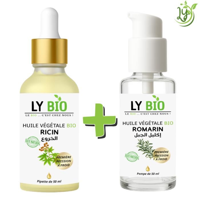 LYBIO PACK HUILE RICIN 50ML - PIPETTE + HUILE ROMARIN 50ML - POMPE
