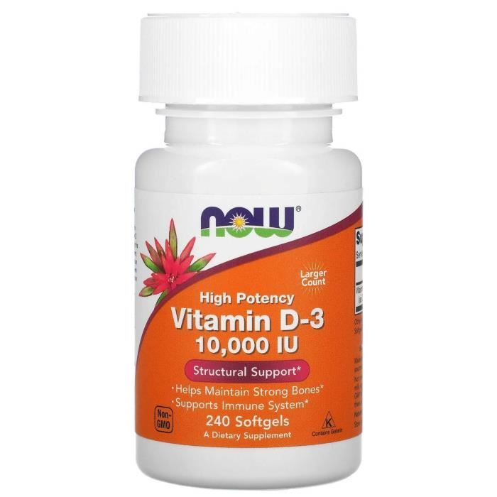 NOW FOODS Vitamine D-3 10,000 IU (Vitamine D3) 240 Capsules de Gel