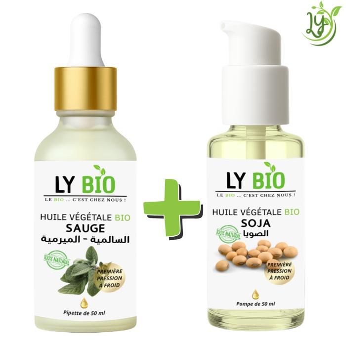 Pack d'huiles végétales - LYBIO - Huile de sauge 50ml - Huile de soja 50ml - Nourrissant - Apaisant