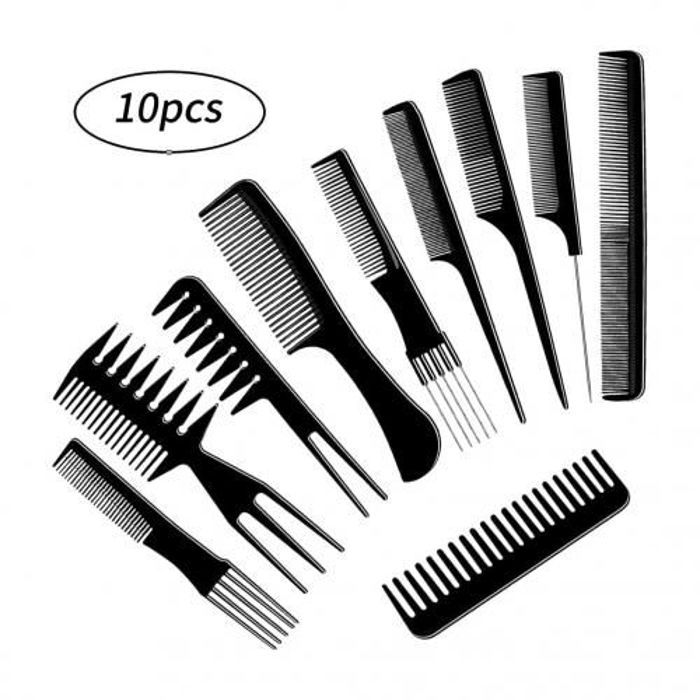 Kit de peignes de coiffure - Salon - 10 pièces - Antistatique - Poignée lisse - Transport facile