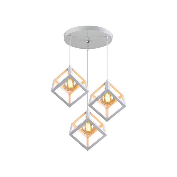 Suspension Industrielle Lustre Abat-jour Cube 3 lampes Contemporain Blanc + 3 ampoule edison e27 offerte