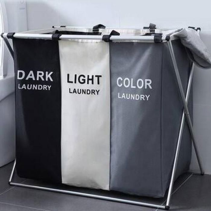 Panier à linge pliable à 3 sections avec cadre X en aluminium et poignée