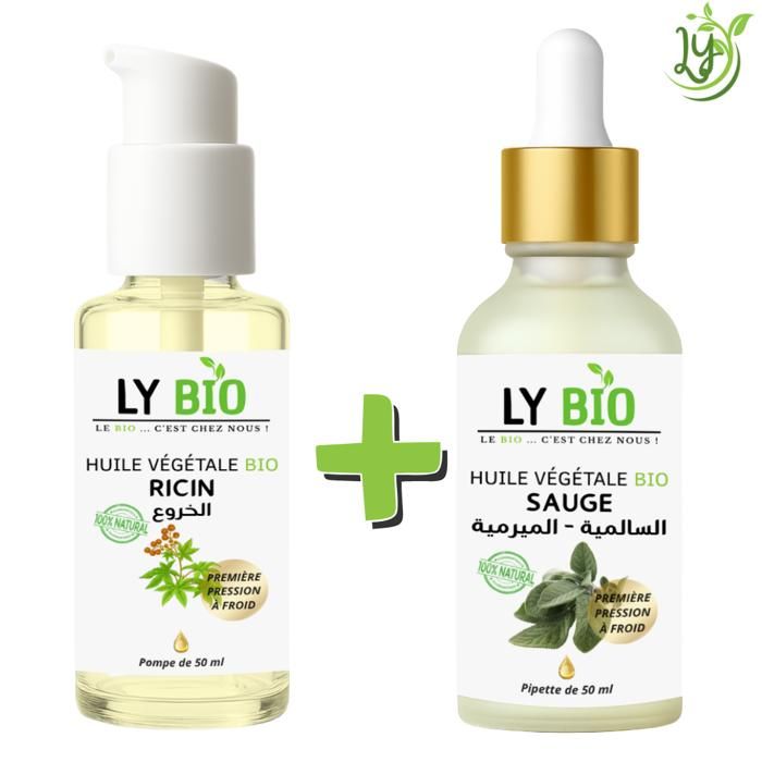 Pack de soins - LYBIO - Huile de ricin 50ml - Huile de sauge 50ml - Pour tous types de cheveux - Mixte
