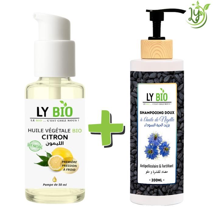 LYBIO PACK HUILE CITRON 50ML - POMPE + SHAMPOOING A L'HUILE DE NIGELLE 200ML - ANTIPELLICULAIRE & FORTIFIANT