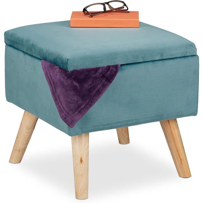 Tabouret de Rangement - GENERIC - 40 cm - Matelassé - Pieds en Bois - Couleur Turquoise