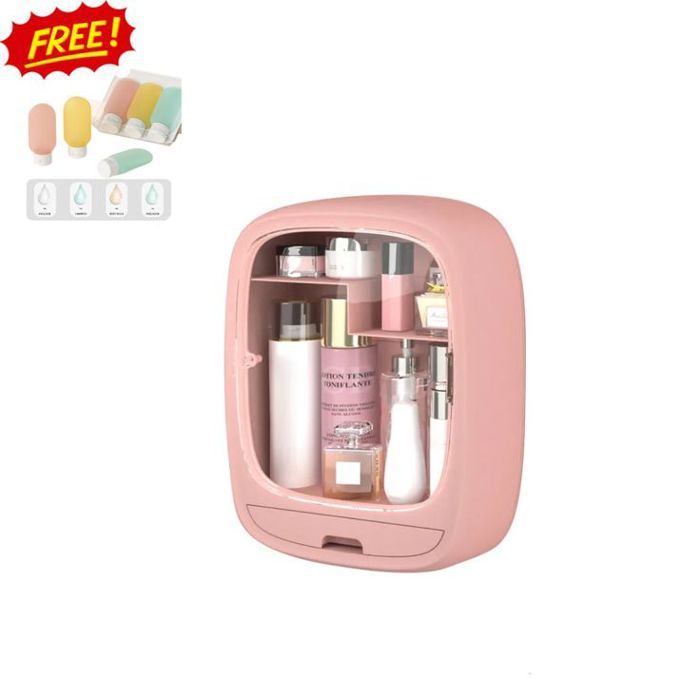 Organisateur de cosmétiques pour salle de bain, boîte de rangement de maquillage murale + bouteille de voyage étanche en silicone