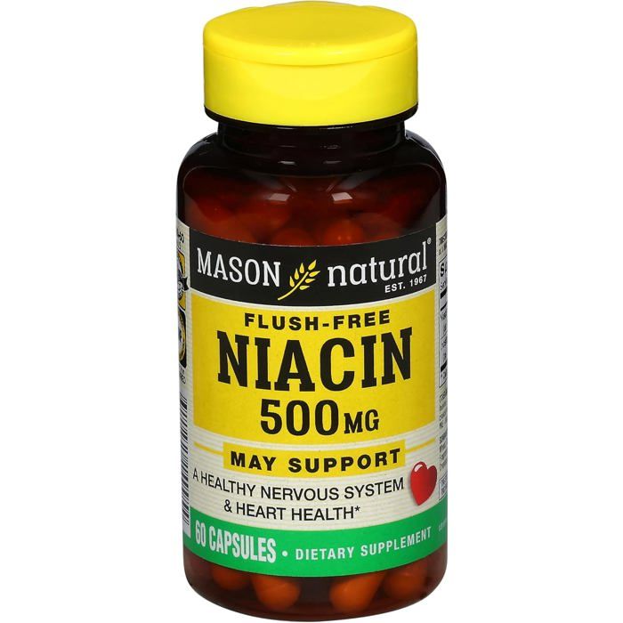 Niacine 500 mg , anti-rougeurs, favorise la santé cardiaque, le système nerveux et la production d'énergie, 60 capsules