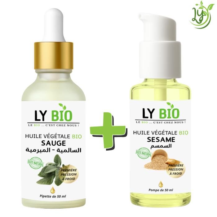 Pack d'huiles végétales - LYBIO - Huile de sauge 50ml - Huile de sésame 50ml - Nourrissant - Antioxydant