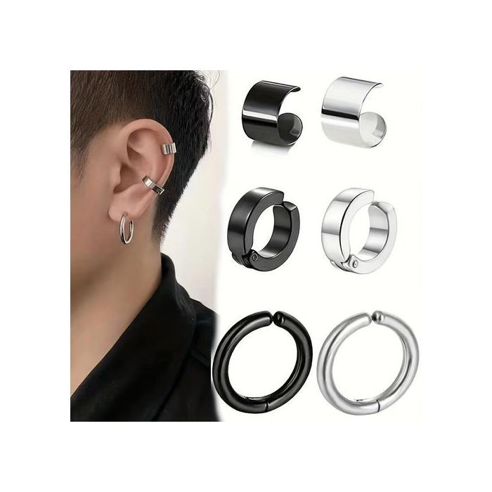 Boucles d'oreilles - Noname - Pack de 3 - Sans perçage - Acier inoxydable - Noir/Argent