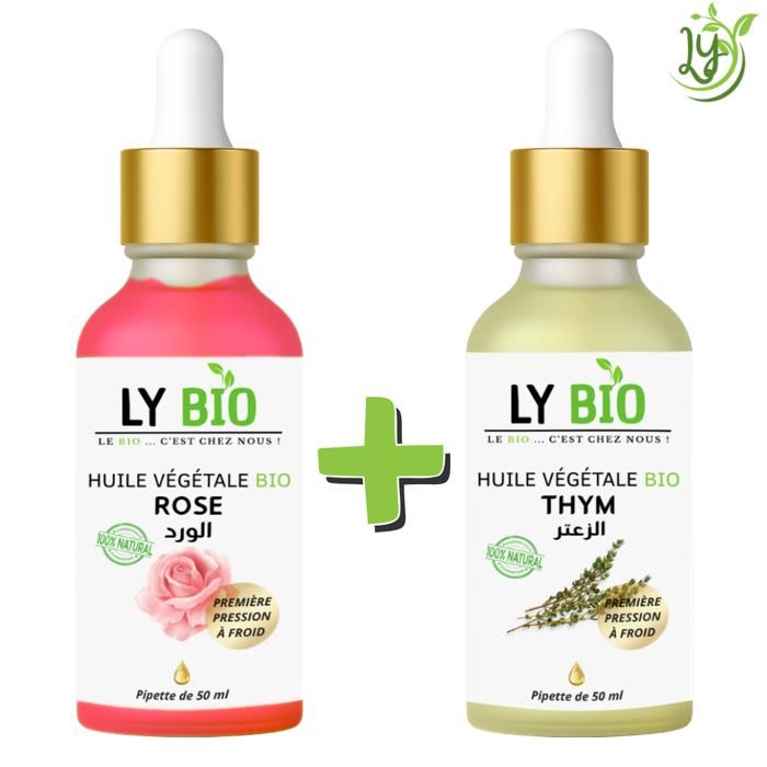 Pack Huile - LYBIO - Huile de Rose 50ml - Huile de Thym 50ml - Hydratant - Tous types de cheveux