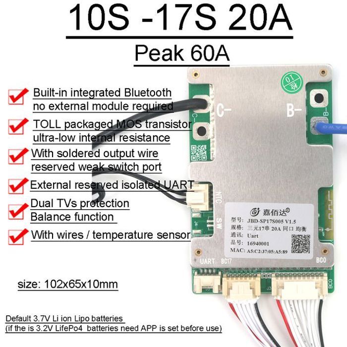 Carte de protection de batterie - JBD - Bluetooth 10S à 17S - BMS 14S - Balance 36V 48V 52V 60V