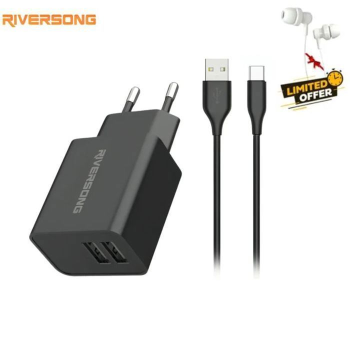 Chargeur Riversong SafeKub D2 Dual Ports USB + Câble USB Vers USB-C + Ecouteur Gratuit