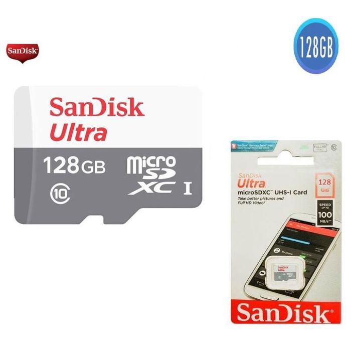 Sandisk Carte Memoire 128 GB microSDXC Full hd classe 10 Vitesses jusqu'à 100 Mb/s