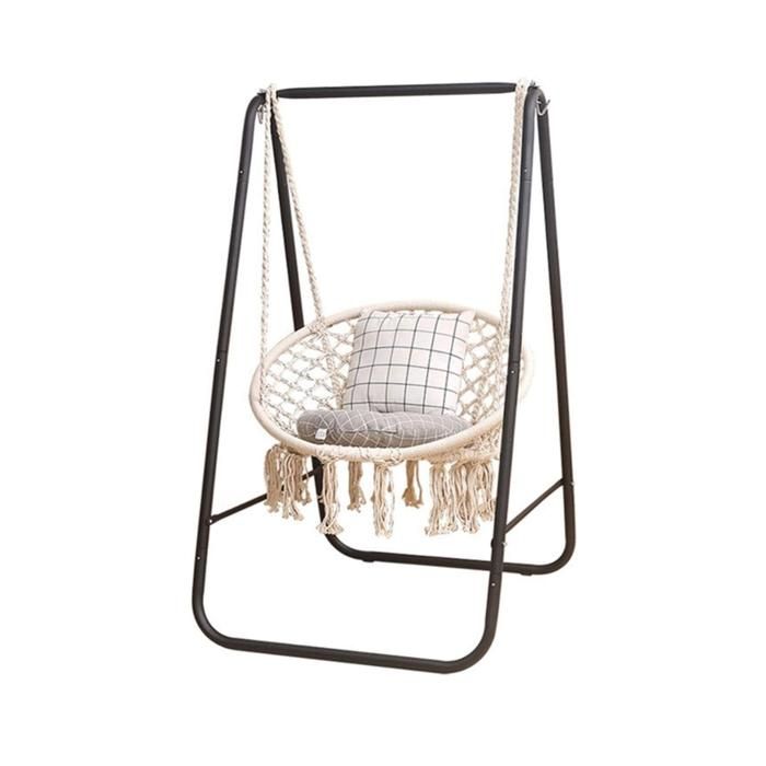 BALANCEOIRE BEIGE MACRAME 1P 60 x80cm AVEC 
SUPPORT BLANC