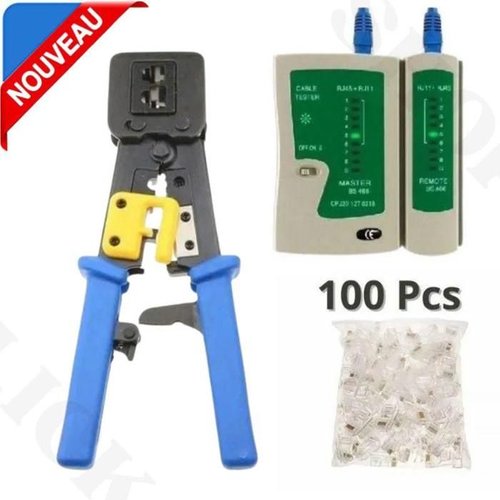 Pince à sertir Professionnel Câble Réseau LAN Téléphone RJ45 RJ12 RJ11 + Testeur + 100 connecteurs RJ45 Cat6 Cat5
