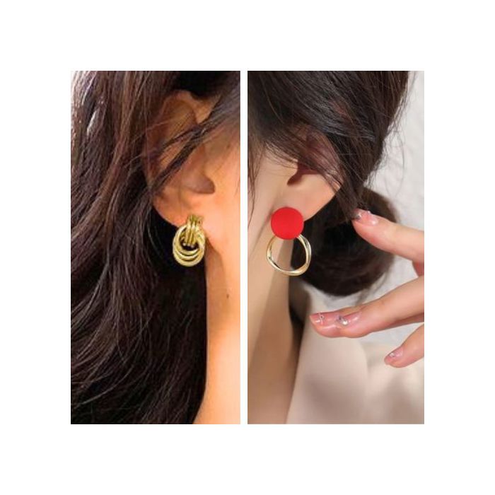 Pack 2 Boucles d'Oreilles, Boucles Doré et Rouge Pour Soirée