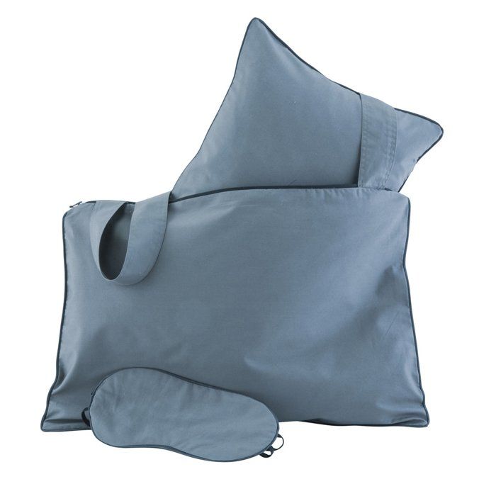 Set de voyage - DROUAULT - Gris Bleu - Oreiller 50% Duvet - Masque de relaxation - Sac de voyage