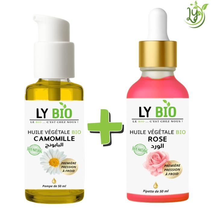 Pack d'huiles végétales - LYBIO - Huile de camomille 50ml - Huile de rose 50ml - Nourrissant - Apaisant