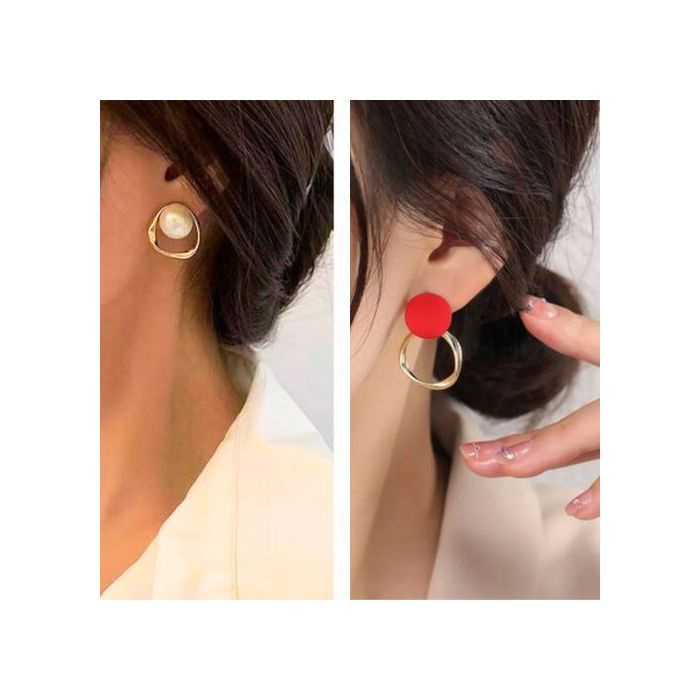 Pack 2 Boucles d'Oreilles Rondes en Perles Dorées et Rouge, Pour Soirée/ Femme