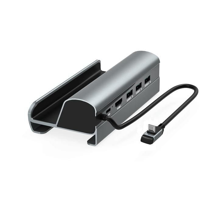 HUB 6-en-1 avec une sortie HDMI, une entrée RJ45, trois ports USB-A 3.0 et un port USB-C pour le chargement
