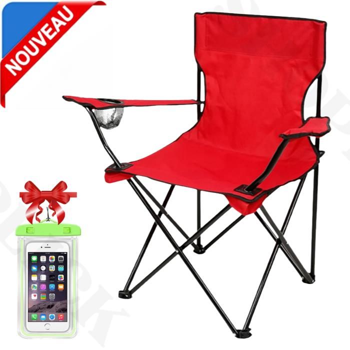 Chaise Plage, Pêche Pliables Fauteuil Camping plus porte-Bouteille et sachet, Rouge + Etui Etanche