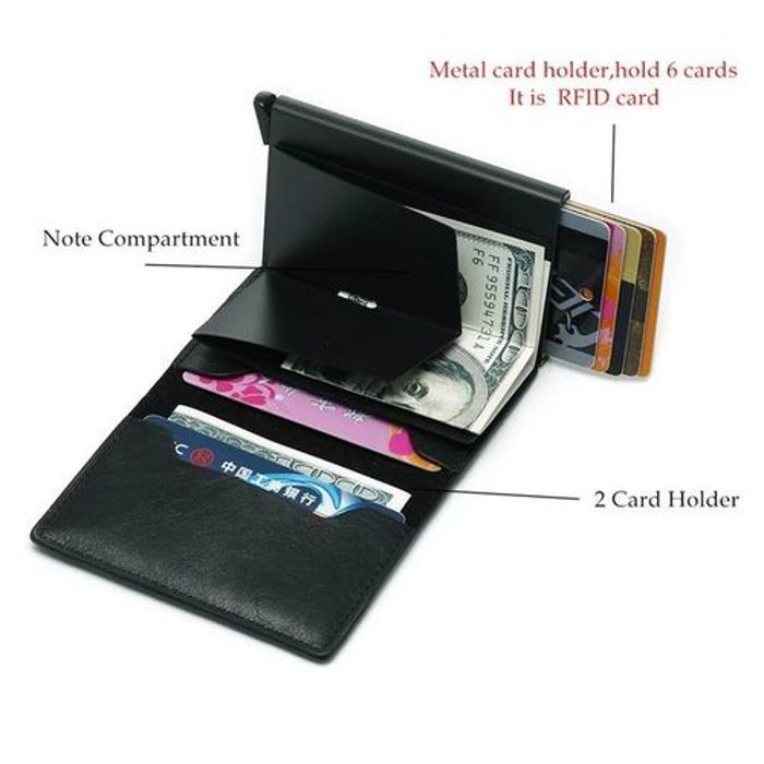 Portefeuille automatique - Meilleure qualité - Cuir noir - Anti-RFID - Compartiments multiples