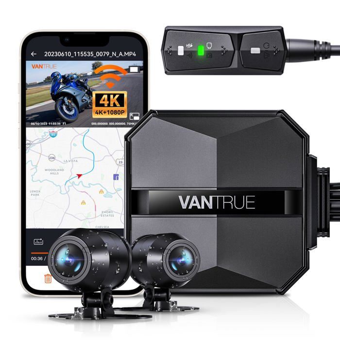VANTRUE Falcon-1 4K+1080P Motorcykelkameran vattentålig IP67, WiFi GPS Dashcam Motor fram och bak, 24 timmar kollisiondetektering