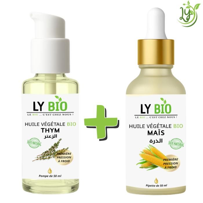 Pack Huile - LYBIO - Thym 50ml - Pompe - Maïs 50ml - Pipette - Hydratant