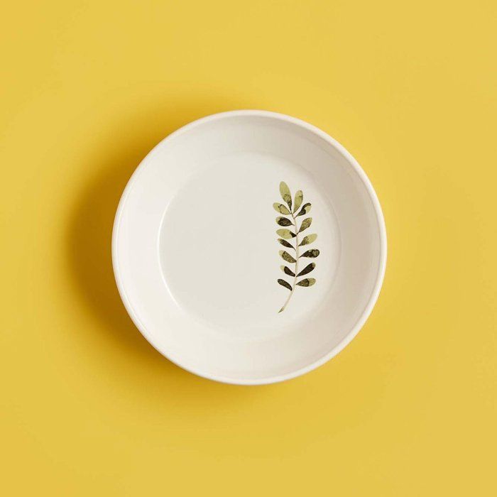 Assiette plate - Blanc - 18 cm - Céramique - Motif feuilles - 1 pièce