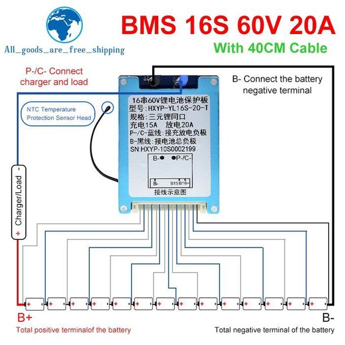 Carte de protection de batterie au lithium BMS 16S 60V 20A Lmo Ternary, même port, port divisé