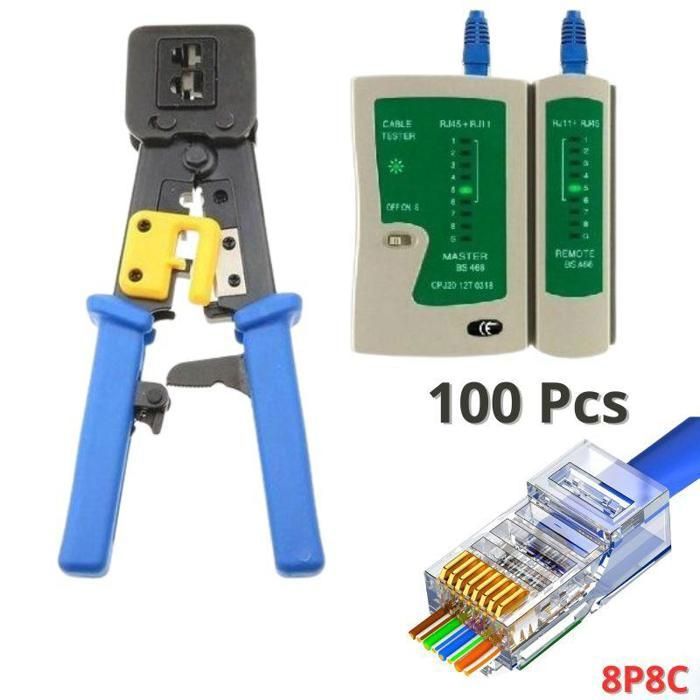 Pince à sertir Professionnel Câble Réseau LAN Téléphone RJ45 RJ12 RJ11 + Testeur + 100 connecteurs RJ45 Cat6 Cat5 8P8C