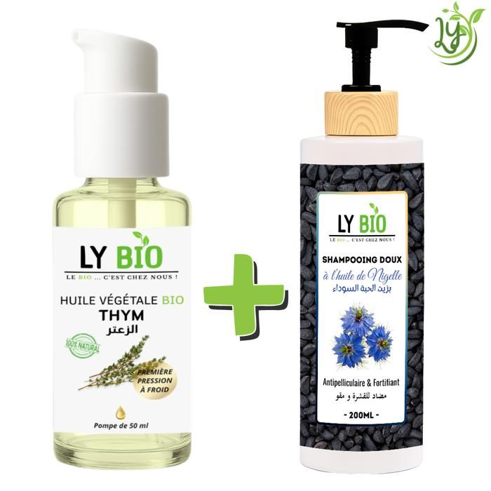 Pack Huile Thym 50ml - LYBIO - Shampooing Huile de Nigelle 200ml - Antipelliculaire - Fortifiant - Mixte