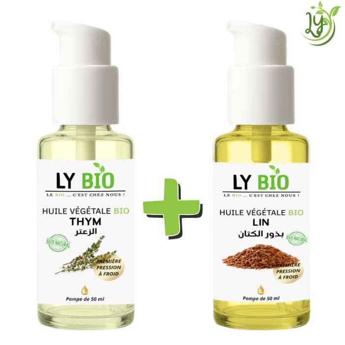 Pack Huile - LYBIO - Thym et Lin - 50ml - Pompe - Hydratant - Tous types de cheveux