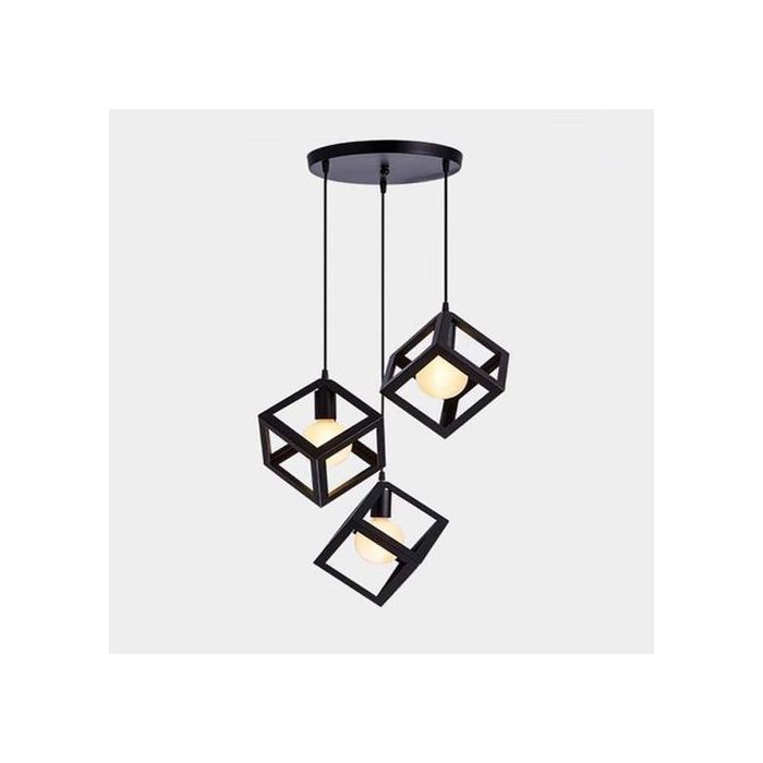 Lustre suspension industriel cage carré métal lustre abat-jour 3 lampes + 3 Ampoules filament Edison LED offerte