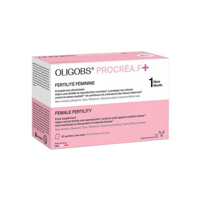 OLIGOBS Procréa F+ à base de Myo-inositol, Ubiquinol, Zinc, Sélénium, Vitamines (dont vitamine B9) Iode, 30 Sachets - Made in France