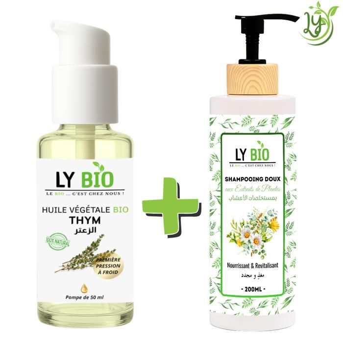 Pack Huile de Thym 50ml - LYBIO - Shampooing 200ml - Nourrissant - Revitalisant - Mixte