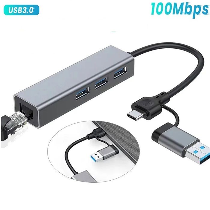Adaptateur USB Type C vers Lan Hub USB 3.0 3 ports+Ethernet réseau RJ45 100Mbps