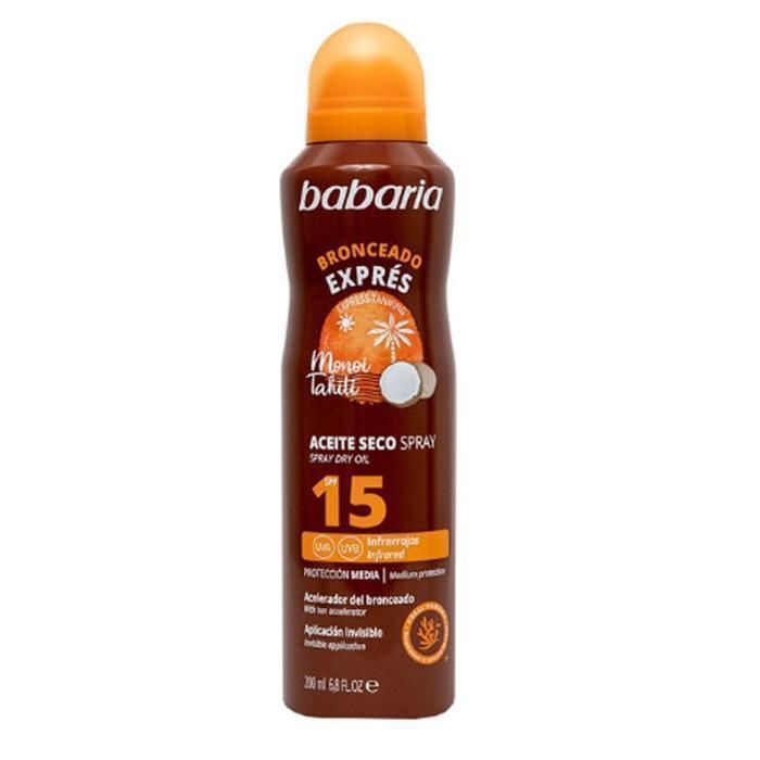 Soin Solaire Corps - BABARIA - Monoi Tahiti - Huile Sèche - SPF 15 - Spray 200 ml