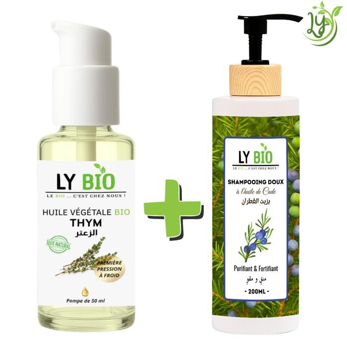 Pack Huile Thym 50ml - LYBIO - Shampooing Huile de Cade 200ml - Purifiant - Fortifiant - Mixte
