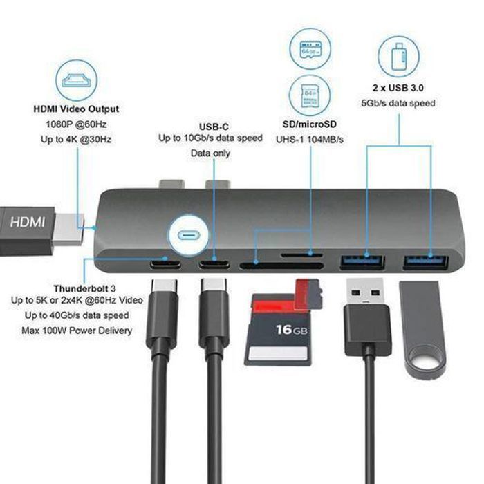 HUB USB 7 en 1 - Générique - Adaptateur Type C - Sortie HD 4K - Compatible MacBook - USB 3.0