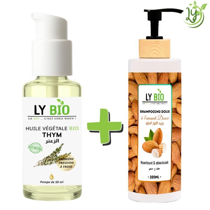 Pack Huile Thym 50ml - LYBIO - Shampooing Amande Douce 200ml - Nourrissant - Adoucissant - Mixte