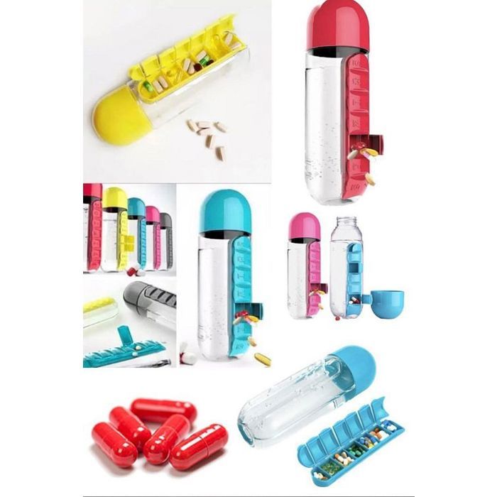 Bouteille d'eau en plastique 600ml avec pilulier hebdomadaire