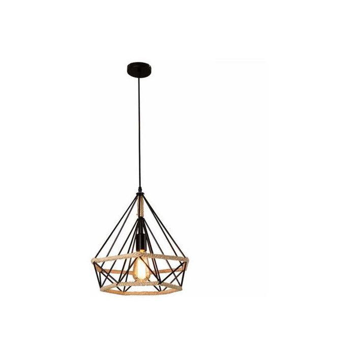 Lustre Suspension Industrielle en forme Diamant Corde de Chanvre 25cm E27 Noir + Ampoules Edison LED offerte