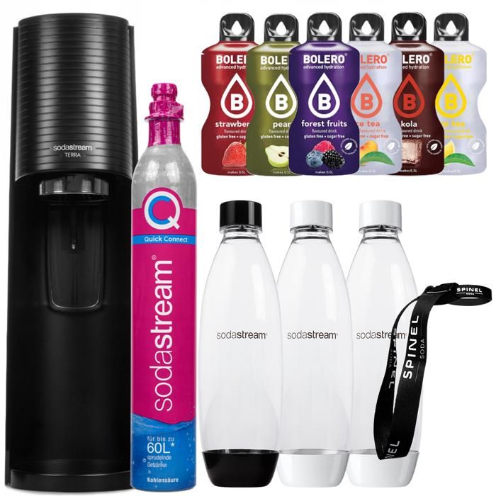 Sodapress - SODASTREAM - Terra Svart - 3 flaskor 1L - Quick Connect-kartong - 6 smaker utan socker