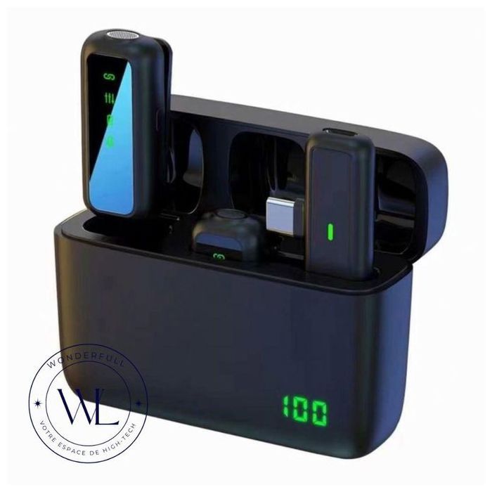Microphone sans fil 2IN1 sensibilité annulation du bruit micro Lavalier avec étui de charge Affichage LED TYPE C SX6