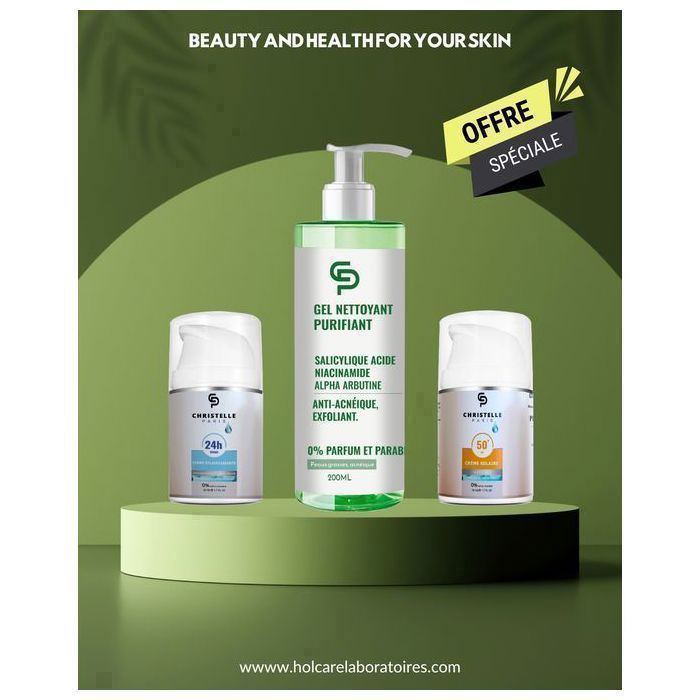 Pack Promo Visage Éclat & Protection : Crème DÉPIGMENTANTE 50ml + Écran SOLAIRE SPF50 50ml + Gel Nettoyant PURIFIANT 200ml