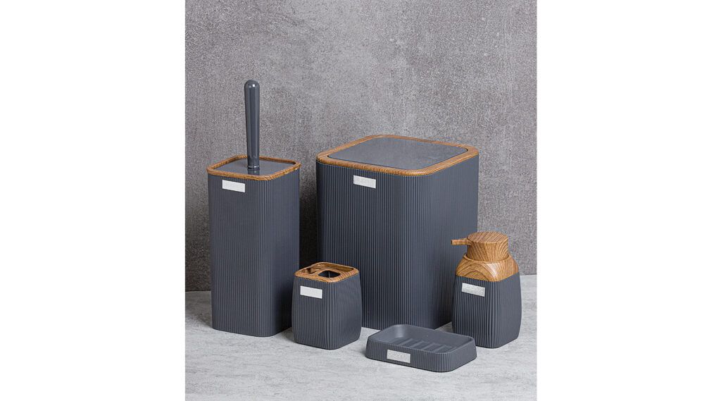Ensemble de salle de bain Okyanus Stripe Carré 5 pcs Gris/Bois OKY-501-3-A-GRY